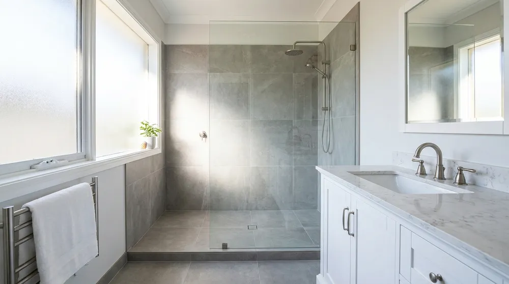 Remodeled bathroom with a tiled walk-in shower, glass door, and white vanity