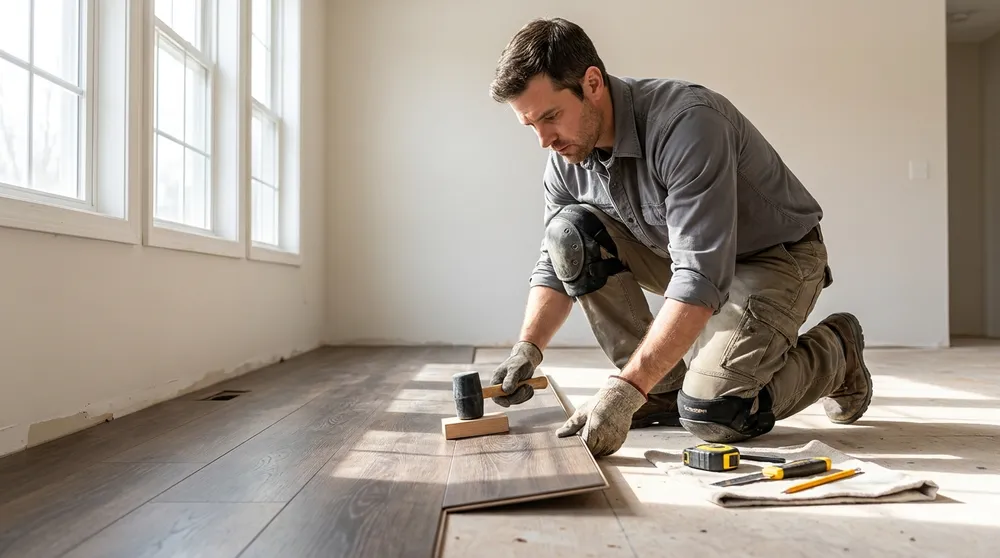 Installer tapping a luxury vinyl plank floor into place in a bright room