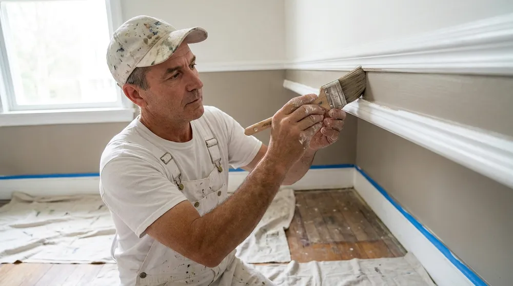 Painter cutting in a clean edge along white trim with an angled brush