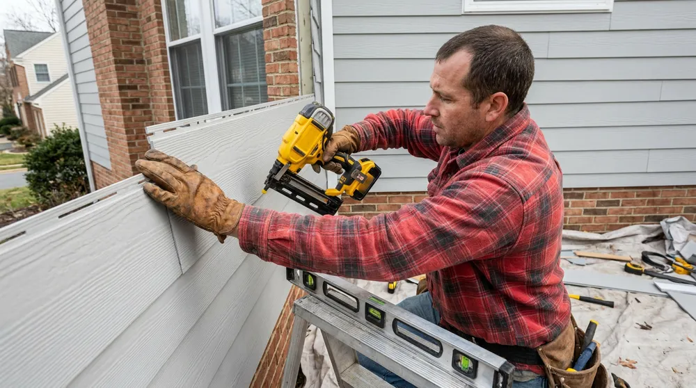 Installer fastening light gray lap siding to a home with a nail gun